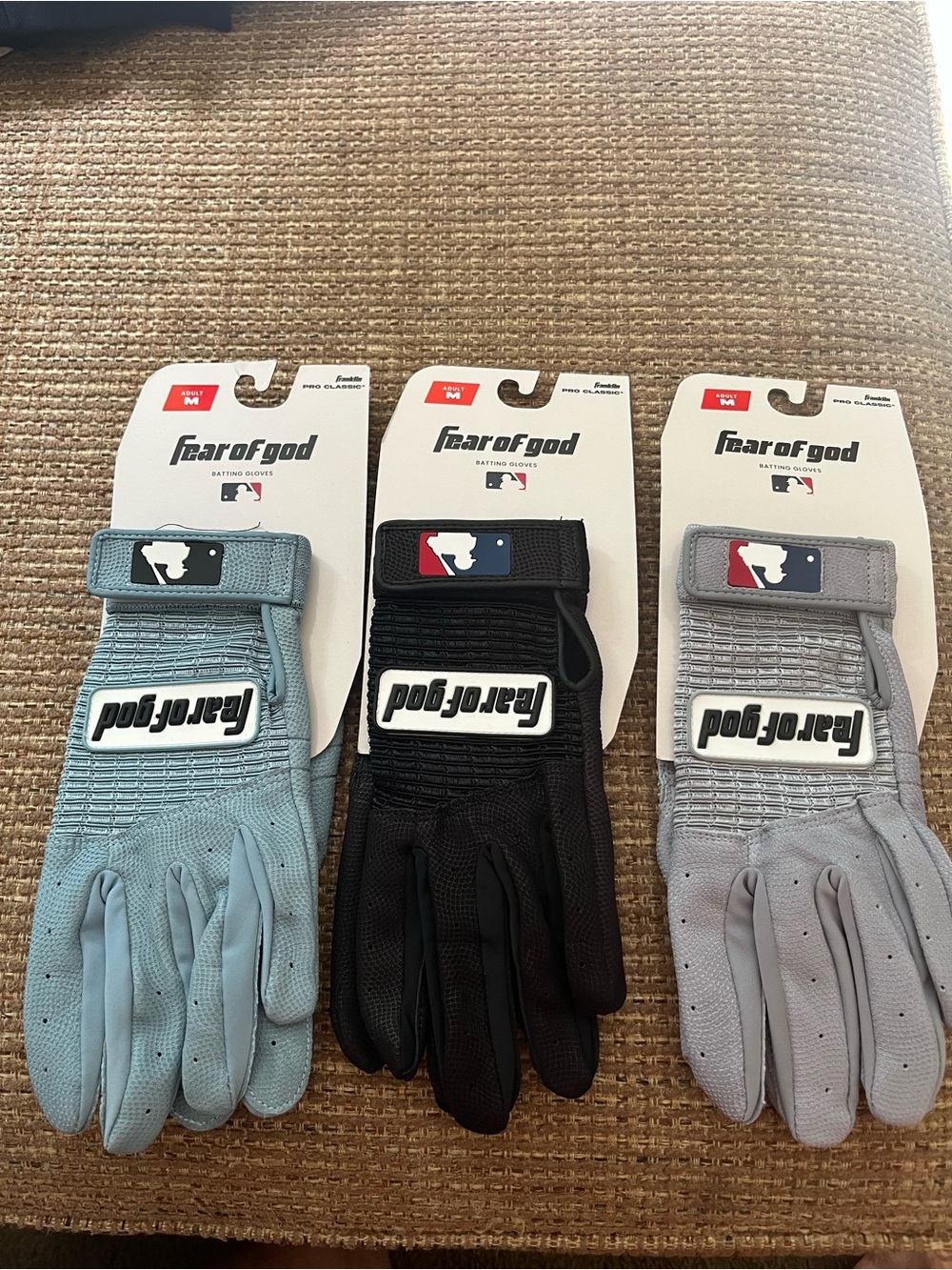(3) pairs of Fear of God Men's Batting Gloves - Light Blue, Black, Light Gray